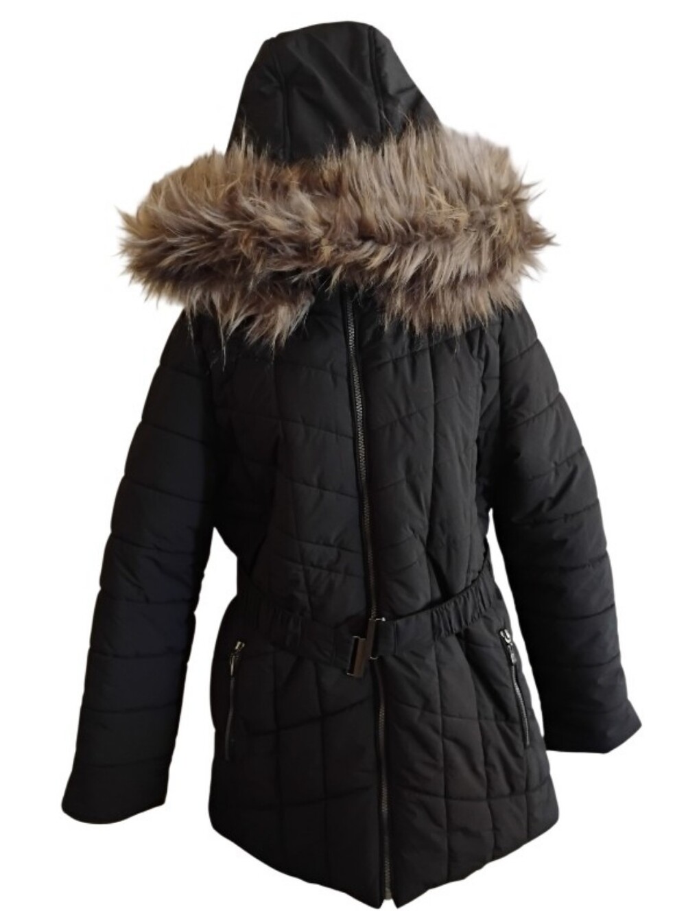 Kids Hooded Puffer Coat with Faux Fur Trim - Black